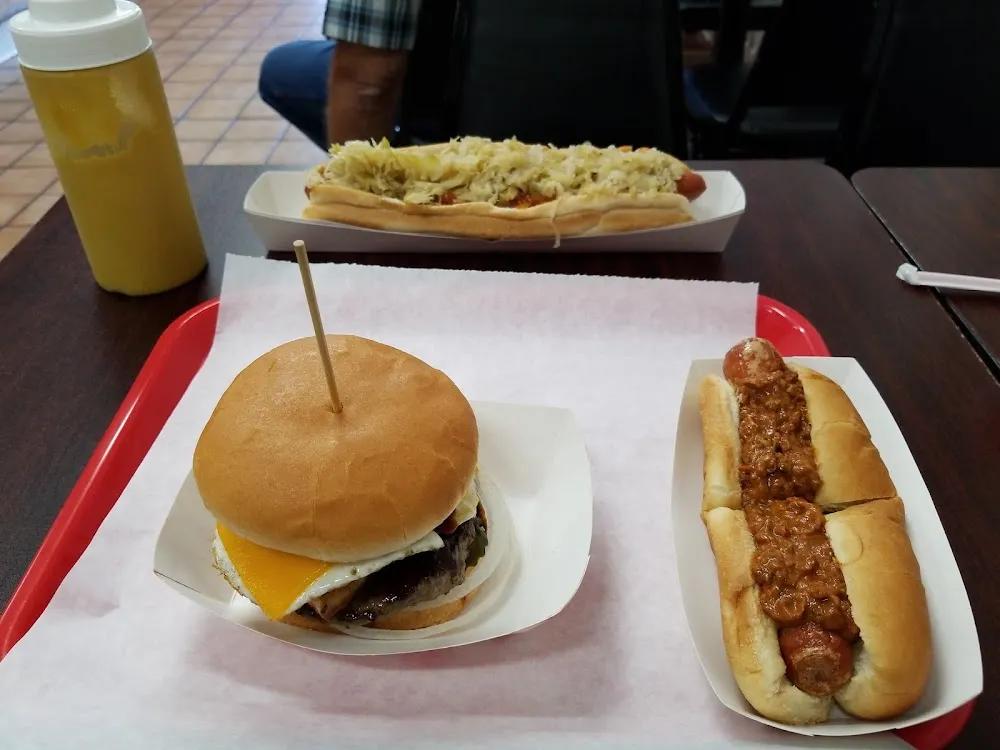 Burger with Egg and a Chili Dog