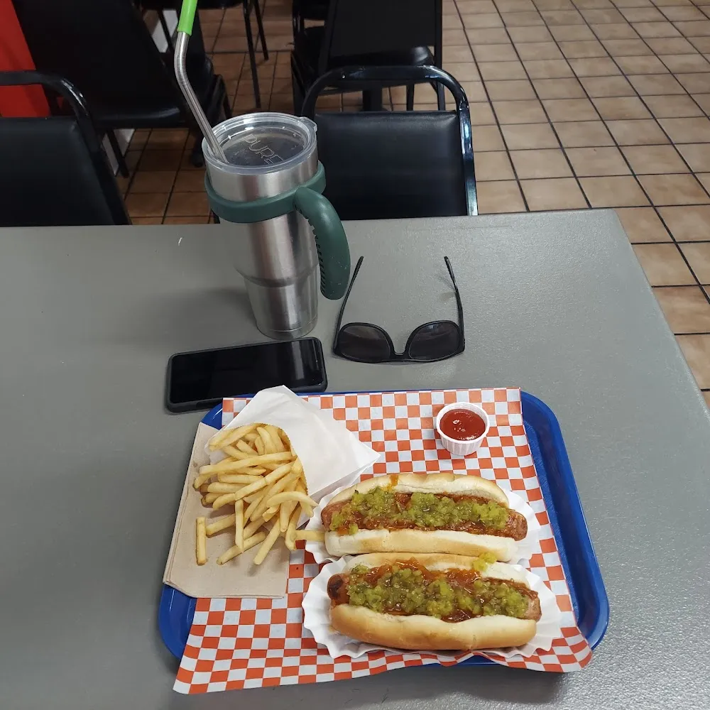 Ripper with Red Onion Sauce Dill Relish Fries